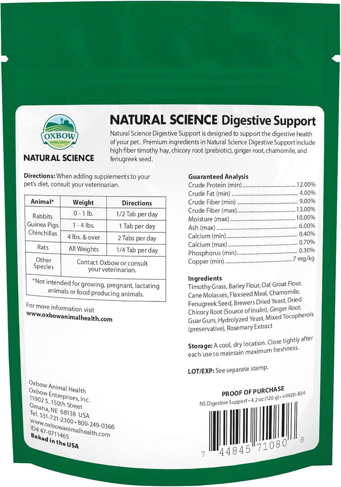 oxbow natural science digestive support high fiber supplement for rabbit guinea pig usa made timothy hay 4.2 oz bag