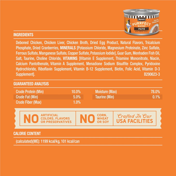 merrick purrfect bistro grain free premium soft canned pate adult wet cat food high protein chicken recipe 3 oz can