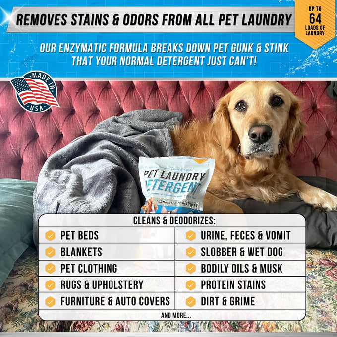 pet laundry detergent odor remover - active enzyme based powder for dogs beds, cat pee, and urine stains - 64 loads