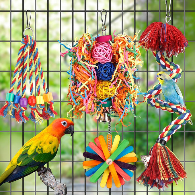 Colorful parrot toys set with bell, rope perch, and foraging toys for Conure, Cockatiel, Budgies, Lovebird