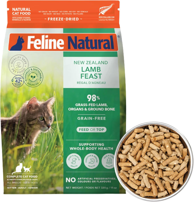 Feline Natural High Protein Freeze-Dried Lamb Cat Food, 98% Meat, No Peas, Grains, or Artificial Additives, New Zealand, 11oz