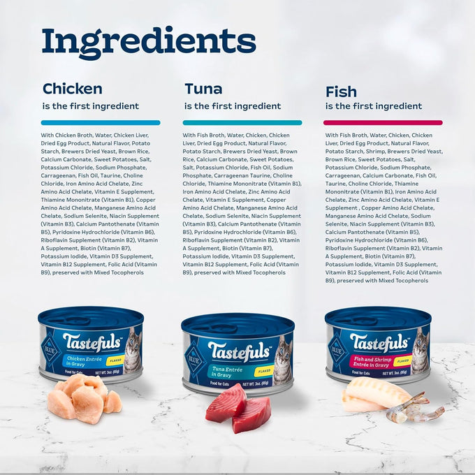 blue buffalo tastefuls flaked wet cat food variety pack, real meat, tuna, chicken, fish & shrimp, 12 count, 4 of each