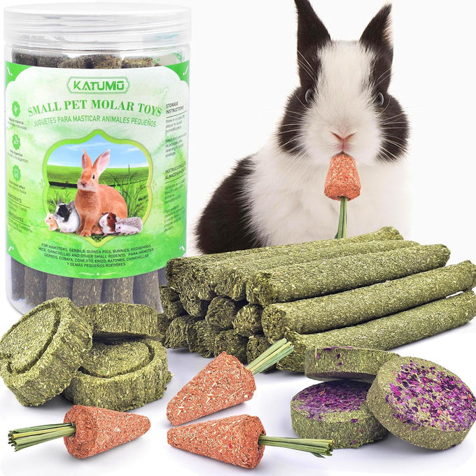 KATUMO 24PCS natural rabbit chew treats, timothy hay sticks, carrot sticks, healthy bunny toys, small animal chews