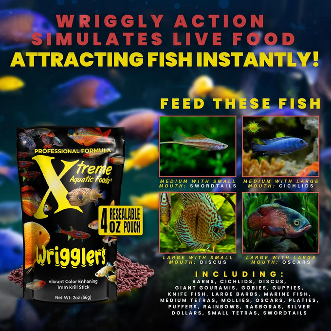 Xtreme wrigglers 4oz usa farm grown krill-based live fish food alternative with vibrant colors and natural protein source