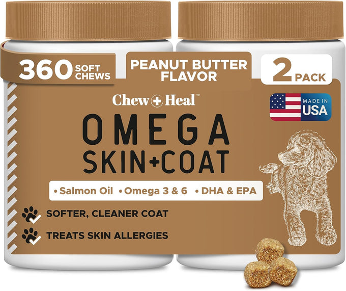 Salmon Oil Omega 3 Fish Oil for Dogs - 180 Soft Chews for Itch Relief, Shedding, Hot Spots, Skin & Coat