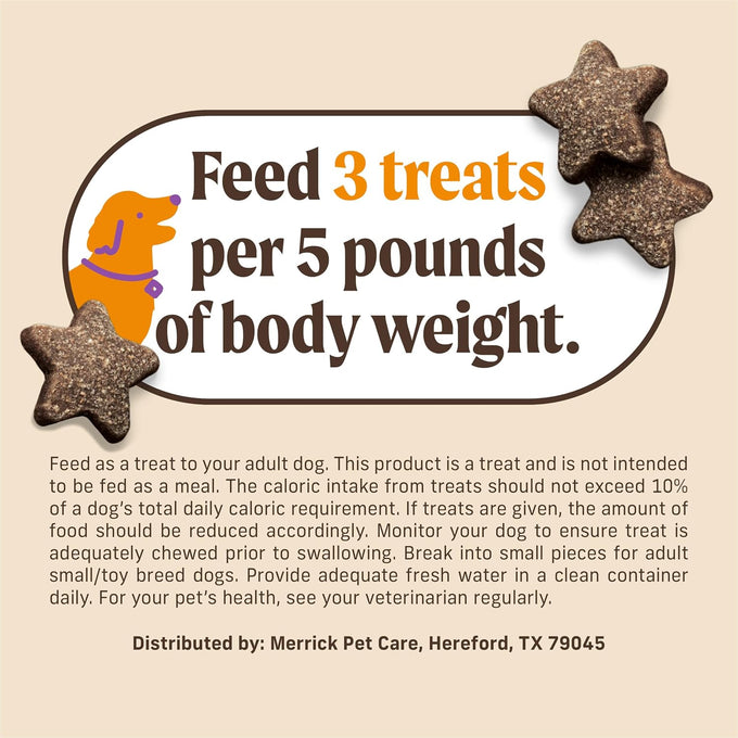Merrick Power Bites Soft & Chewy Dog Treats with Real Deboned Chicken, Grain-Free Recipe, Fortified with Omega Fatty Acids and Minerals, Star-Shaped for Training, 6 oz Resealable Bag