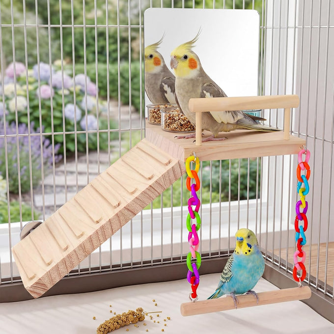Wooden Bird Perch Platform Toy Set with Mirror, Climbing Ladder, and Swing for Parrots and Budgerigars