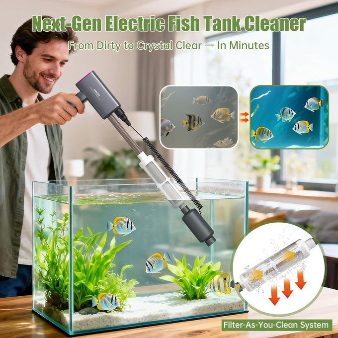 Cordless 6-in-1 Electric Fish Tank Cleaner, 36W Rechargeable, 650GPH Strong Suction for 5-150 Gallon Tanks