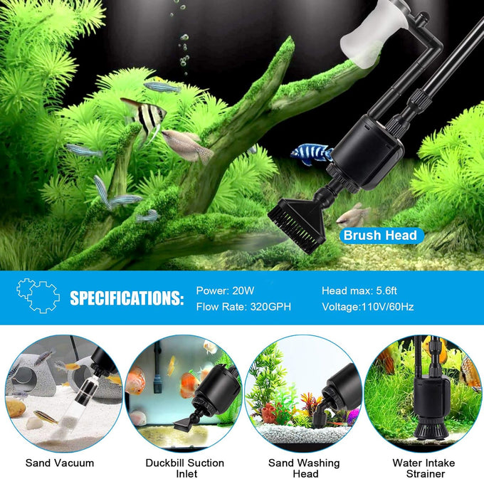 20w 110v 320gph electric aquarium gravel cleaner, vacuum, water changer and sand washer set with adjustable tube