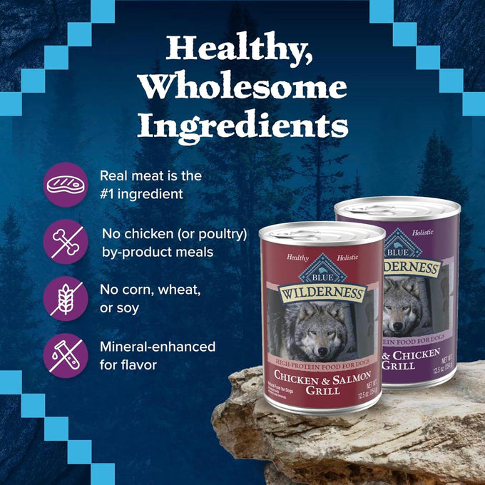 Blue Buffalo Wilderness High Protein Beef and Chicken & Salmon and Chicken Wet Dog Food Variety Pack for Adult Dogs, Grain-Free, 12.5 oz Cans (6 Pack)