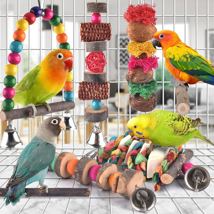 7-pack parakeet natural wood toys for small birds parrot hanging cage toy perch stand