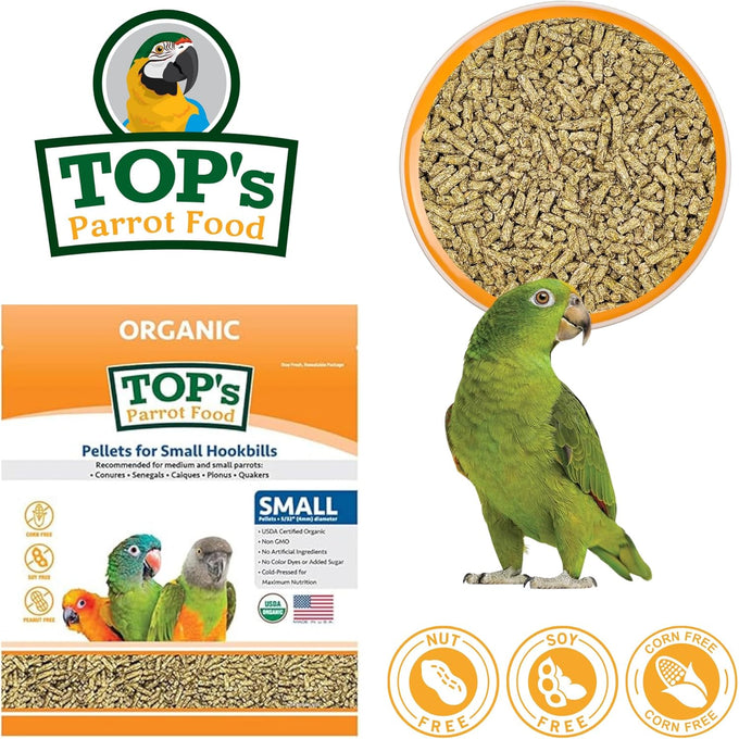 TOP's USDA Organic Certified Parrot Food Pellets for Small Hookbills, Non-GMO, Soy & Corn Free (4lbs)