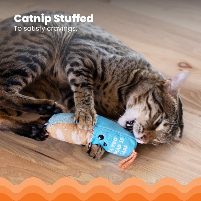 Catstages Loaf Kicker Toy with Catnip and Dental Mesh - Bread Shape, Plush, and Ribbon Cat Toy for Kicking and Teeth Cleaning, Tan
