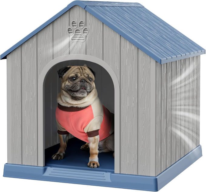 Bifanuo plastic dog house for small to medium dogs, weatherproof design, air vents, elevated floor, easy clean and assemble in blue, 26.18'' L x 24.03'' W x 25.98'' H