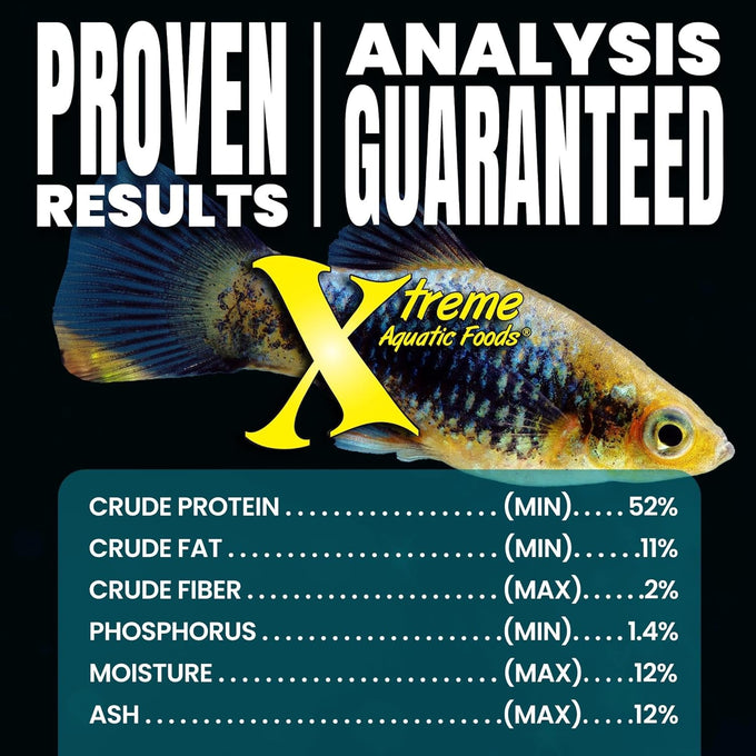 Xtreme Nano 0.5mm sinking pellets for community fish like tetras, barbs, and guppies, high-protein krill-based formula with vitamins and minerals, made in the usa
