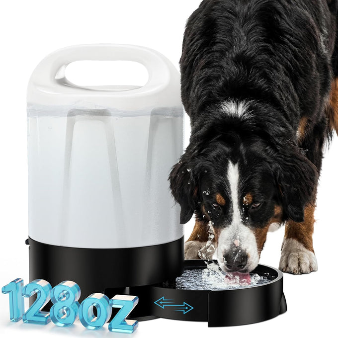 petnf dog water bottle portable 1 gallon (128oz) automatic gravity dog water bowl dispenser with pull-out drinking bowl