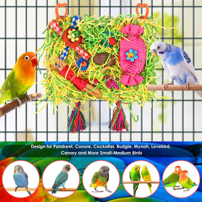 KATUMO Large-Sized Grass Mat with Colorful Parrot Foraging Shredder Hanging Toys for Conure Birds