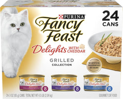purina fancy feast cheddar grilled chicken, turkey, or whitefish and cheddar cheese gravy wet cat food 24-pack