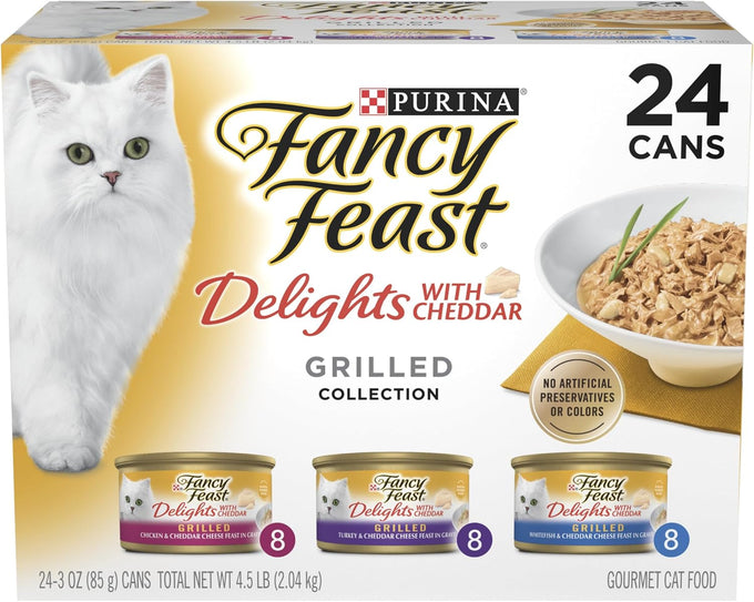 purina fancy feast cheddar grilled chicken, turkey, or whitefish and cheddar cheese gravy wet cat food 24-pack