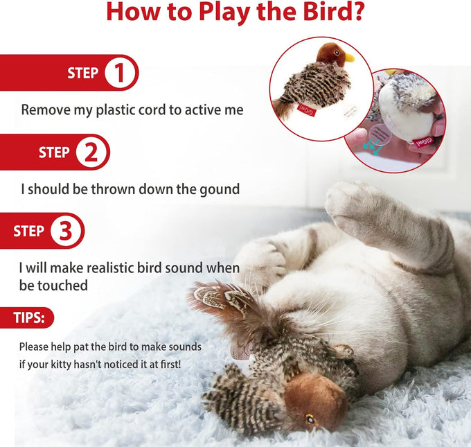 GiGwi Squeaky Bird Cat Toy with Feather Tail, Melody Chaser Play for Boredom, Realistic Bird Design