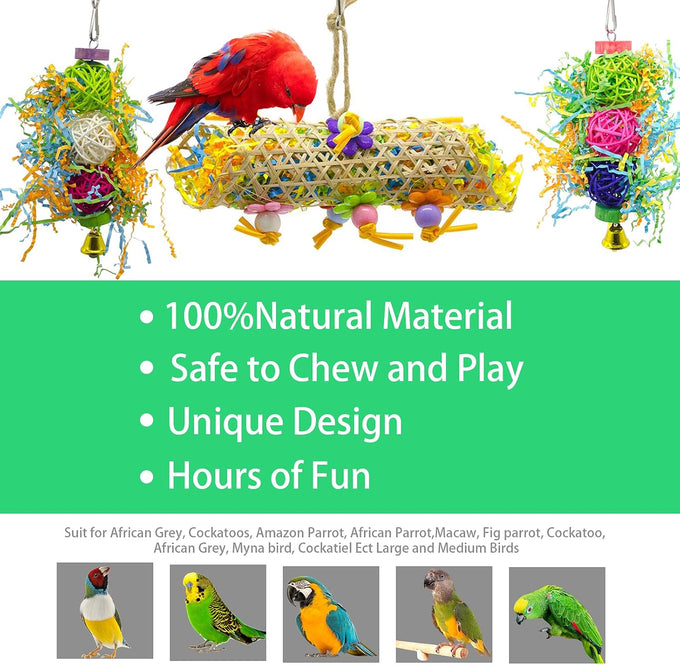3Pack wood-rattan bird chewing toys foraging shredder toy parrot cage hanging toy