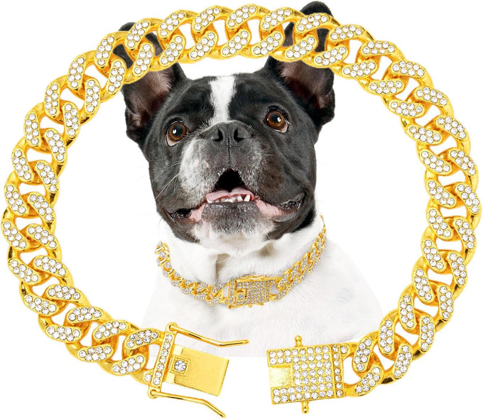 Silver 13mm Wide Metal Dog Chain Collar with Zirconia Diamond Decoration, 10 Inch, Not Adjustable