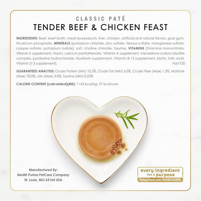 Fancy Feast grain-free wet cat food variety pack, 30 3 oz. cans, poultry and beef feast classic pate collection
