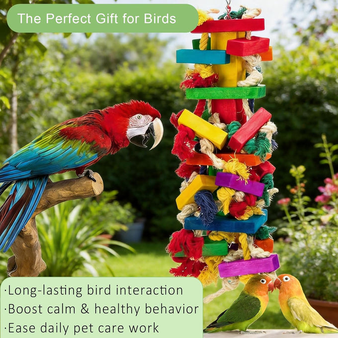Natural Wood Parrot Toys for Large Birds, 18" Durable Chew Toys for Macaws, African Greys & Amazon Parrots