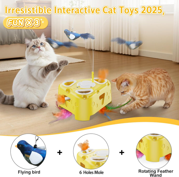 Cheese-Shaped Interactive Cat Toy with USB Rechargeable Electronic Feather Toy for Indoor Cats and Kittens 6-Hole Mole & Rotating Feather