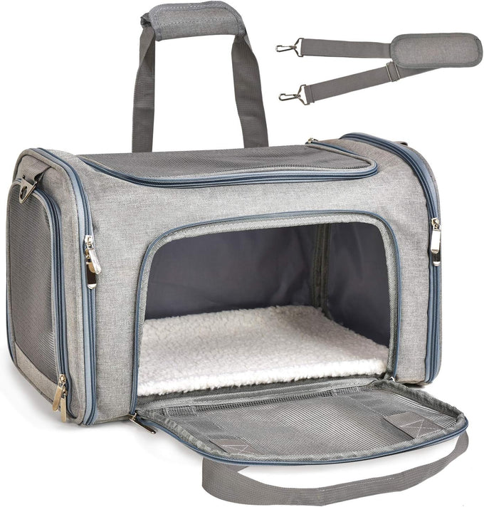 Henkelion grey cat carrier for small to medium pets up to 15lbs, TSA airline approved, soft sided, collapsible, waterproof