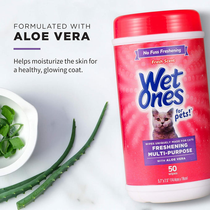 Wet Ones for Cats Freshening Wipes, multi-purpose cat grooming wipes with aloe vera, gentle cleaning, 50 count