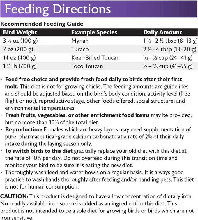 Mazuri softbill diet for iron-sensitive birds, 2 LB bag, phd-formulated nutrition, plum and apple flavor