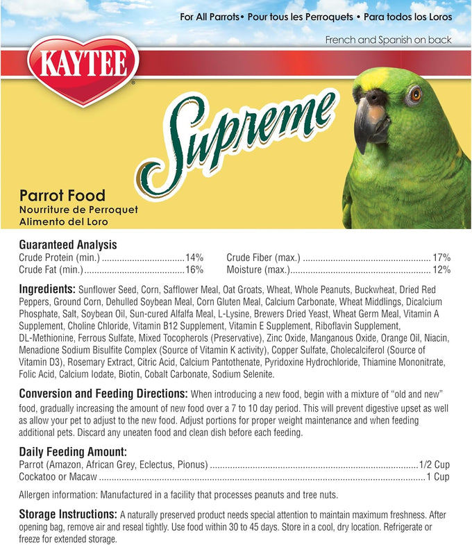 Kaytee Supreme Pet Parrot Food, 20 lb, Natural Seeds and Grains, Veterinarian Recommended