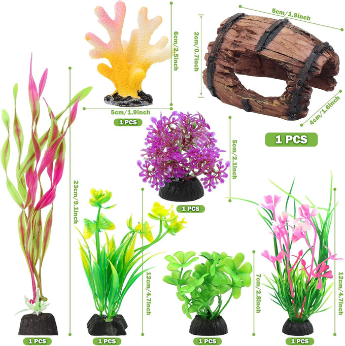 Quozuo small fish tank decorations aquarium accessories 8-piece set with broken barrel and coral hideout ornaments