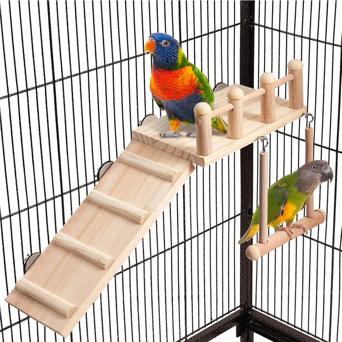 Wooden bird perches platform swing for small birds with climbing ladder, parakeet cage accessories