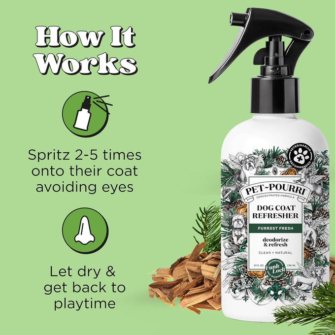 poo-pourri furrest fresh dog deodorizing spray, 8 fl oz, paraben & sulfate-free, fir, amber, & cedarwood scent