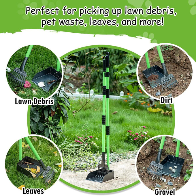 mxf pooper scooper, stainless metal tray and rake set, medium small dog use, long handle, heavy duty, pet supplies, green