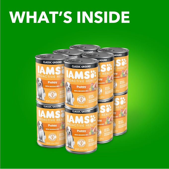 IAMS Proactive Health Puppy Wet Dog Food, Chicken & Rice, 13oz Cans