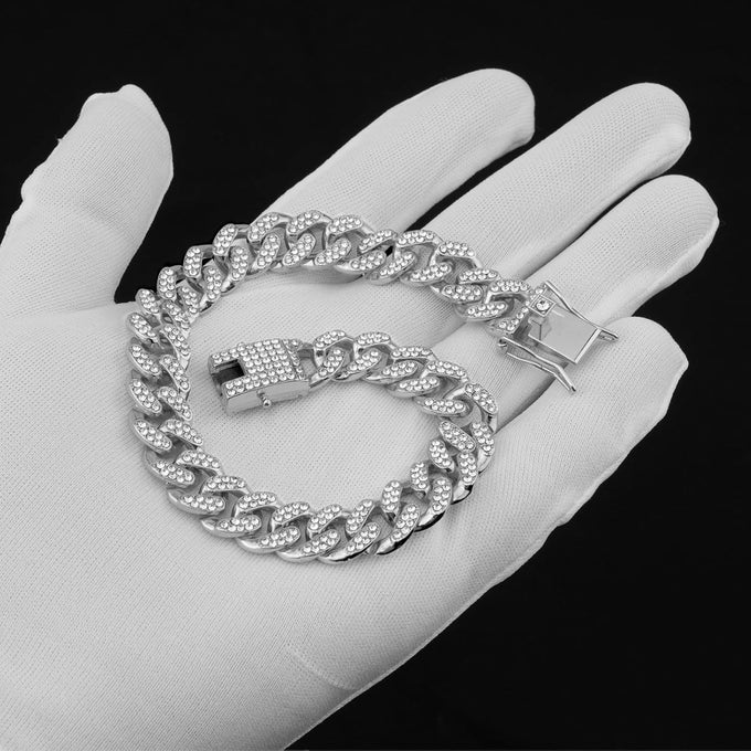 Silver 13mm Wide Metal Dog Chain Collar with Zirconia Diamond Decoration, 10 Inch, Not Adjustable