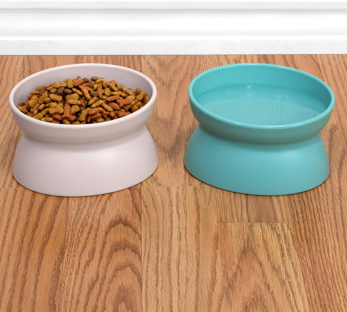 Kitty City elevated cat food & water bowls, set of 2, teal & light pink, 6.5 oz each, dishwasher safe, modern pedestal design