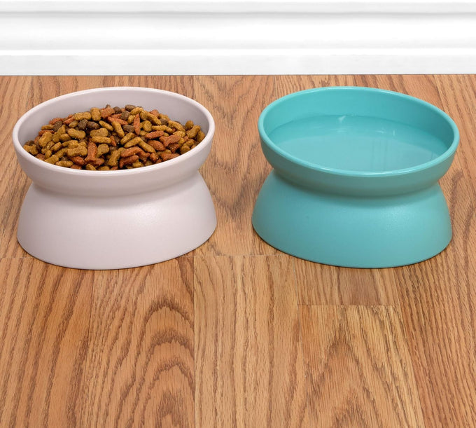 Kitty City elevated cat food & water bowls, set of 2, teal & light pink, 6.5 oz each, dishwasher safe, modern pedestal design