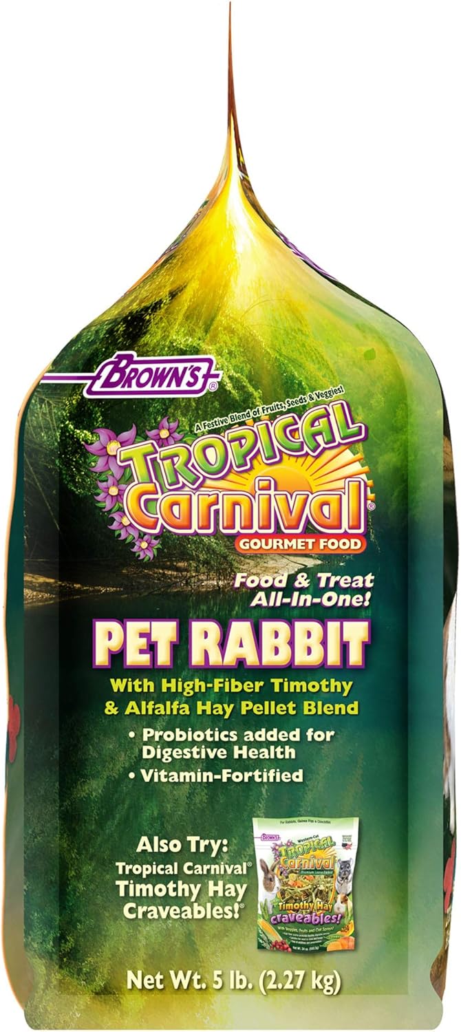 F.M. Brown's Tropical Carnival High-Fiber Timothy Hay Pet Rabbit Food with Probiotics and Vitamins, 5 lb