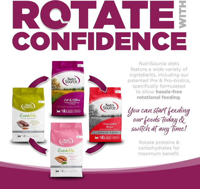 NutriSource grain inclusive dry cat food, 12LB chicken and rice recipe for all life stages