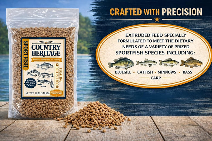 CountryMax Floating Sportfish Game Fish Food 32% Protein 7 lb Bag for Bass Bluegill Catfish Carp Minnows and More Pond and Lake Use