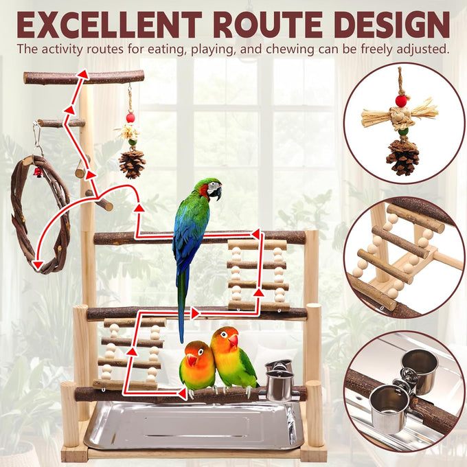 Natural Wooden Parrot Stand for Small to Medium Birds, 16.3" x 10.6" x 23.2", Chestnut Wood, Easy Assembly