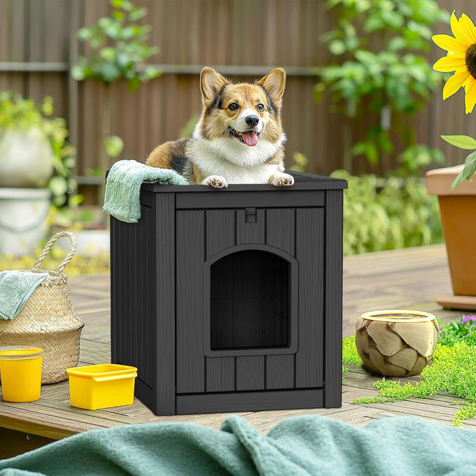 DRATO resin material dog house, multi-functional pet house for small to medium dog, black, medium size