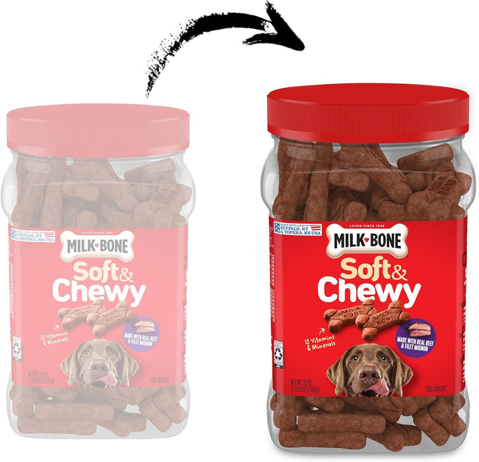 Milk-Bone Soft & Chewy Dog Treats, Made with Real Beef & Filet Mignon, 25 Ounce Canister for Dogs of All Ages