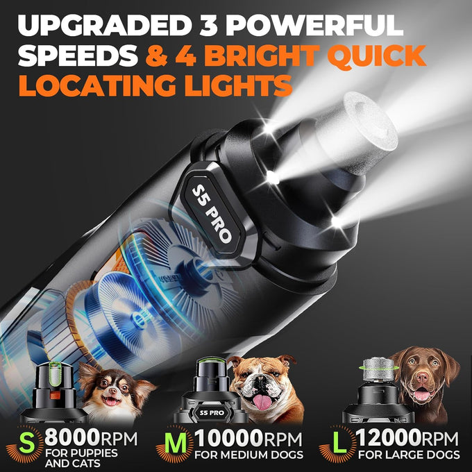 Whisper quiet dog nail grinder with 4 LED lights, safe & stress-free for sensitive dogs, cats, all breeds & sizes