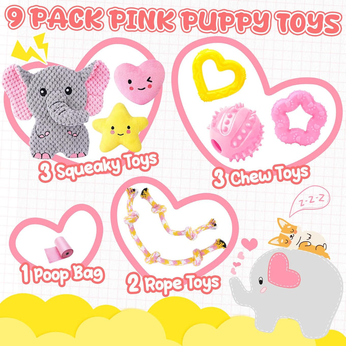 XIUGOAL pink puppy toys 9 pack for small dogs teething enrichment squeaky plush toys rope toys