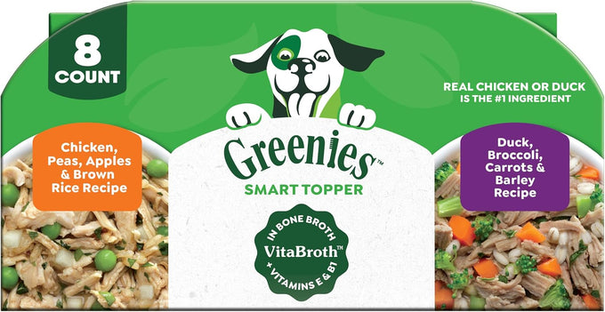 greenies smart topper high protein wet mix-in for dogs variety pack chicken, peas, apples, brown rice, duck, broccoli, carrots, barley, whole grains, 8 trays 2 oz